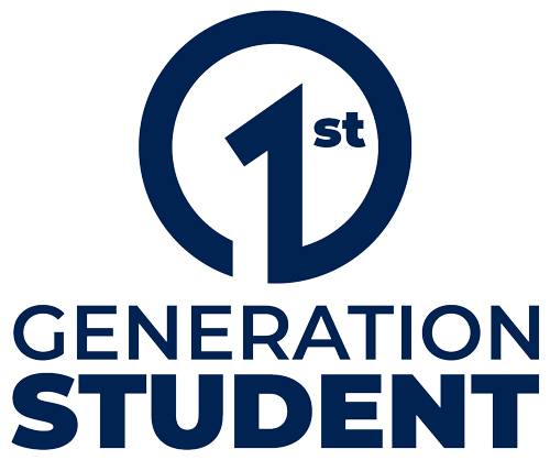 A navy circular badge with a "1st"mark inside, above the words "Generation Student" in bold navy type.