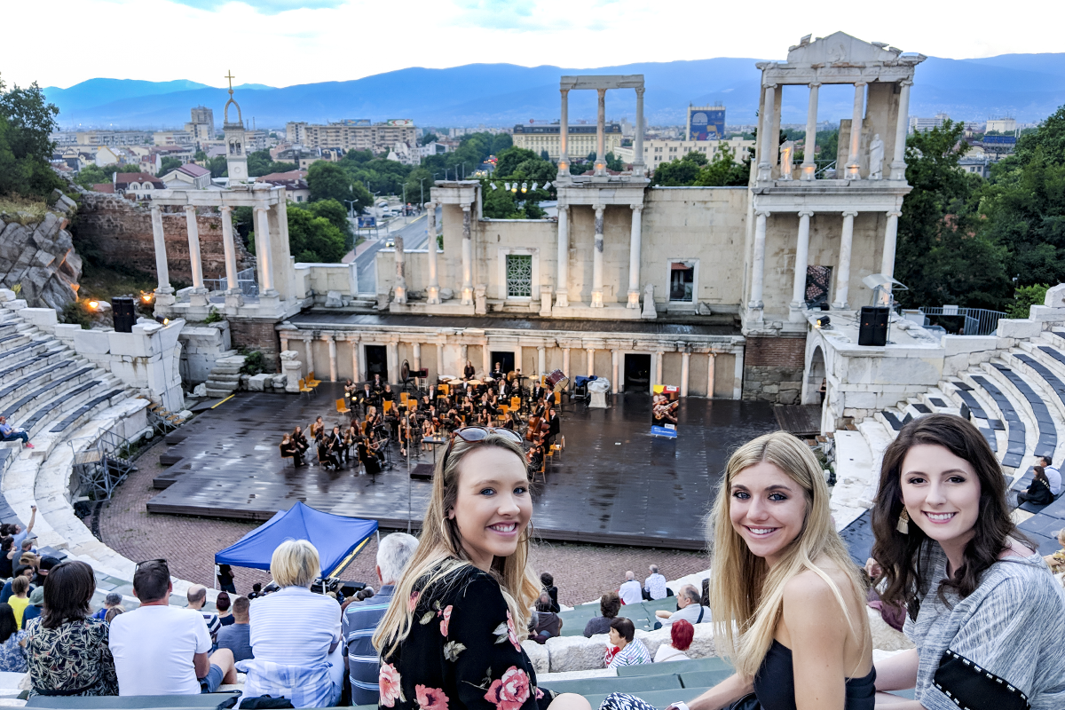 Myles Friedman Honors Program students enjoy a performance in the ancient Roman theatre in Plovdiv, Bulgaria.