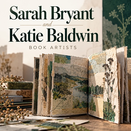 Sarah Bryant and Katie Baldwin book artists event graphic featuring an open handmade artist book with layered landscape imagery, botanical elements, and textured pages.