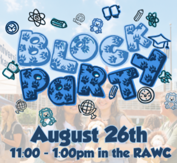 Block Party graphic with paw prints and campus icons. Event details: Wednesday, Aug. 26, 11 a.m. to 1 p.m. in the RAWC.