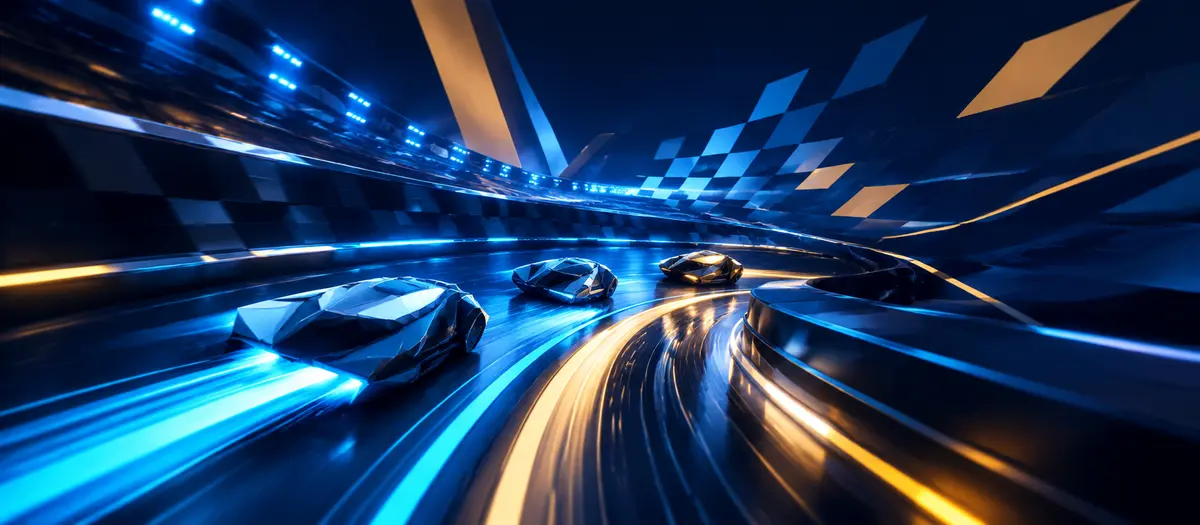 Futuristic blue and gold racing vehicles on a curved track