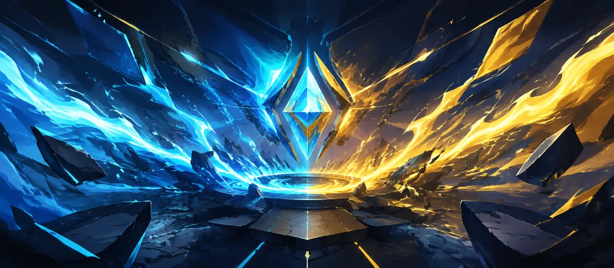 Blue and gold energy colliding around a crystal objective