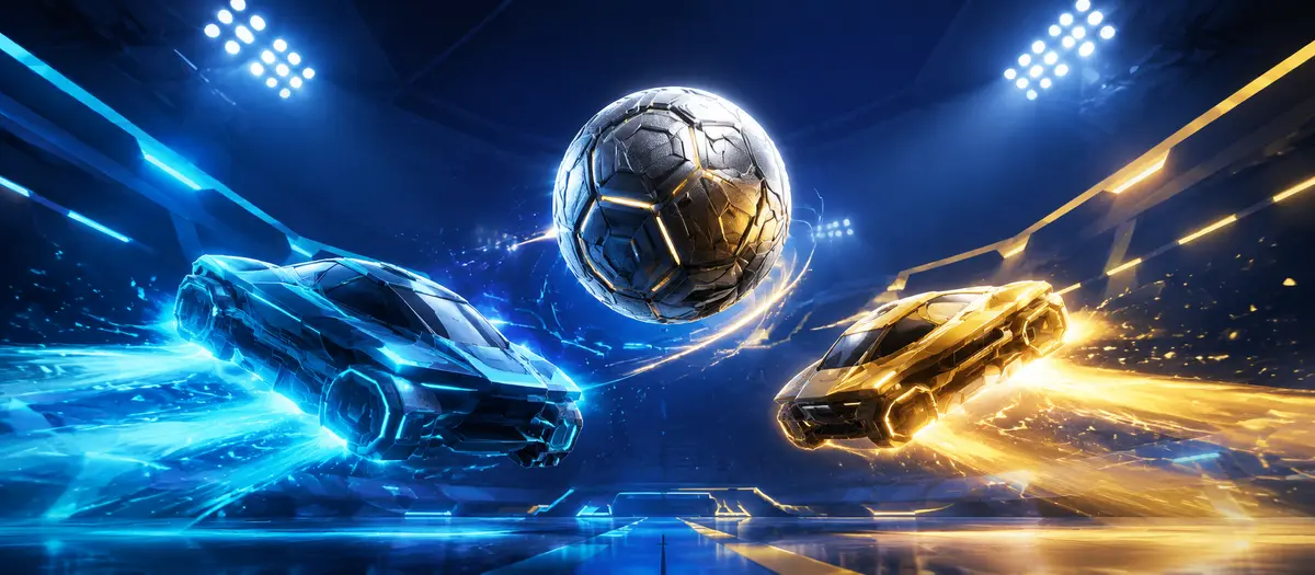 Blue and gold vehicles flying toward a metallic ball