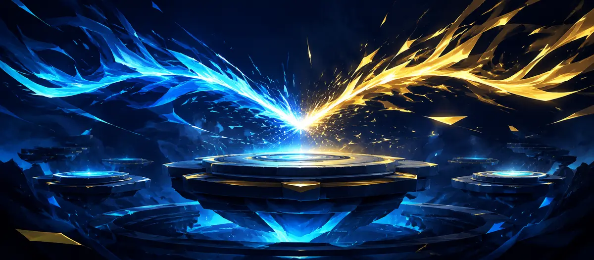 Blue and gold energy colliding above a floating platform