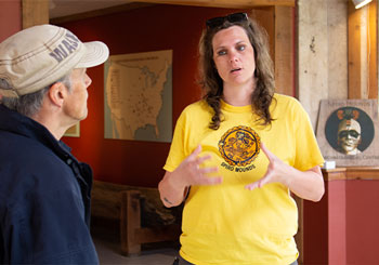 Anna Vincent talks to a Spiro Mounds visitor