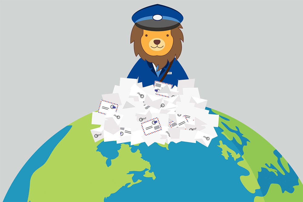 UAFS mascot, Numa, dressed as a mail carrier standing atop a pile of letters and the earth