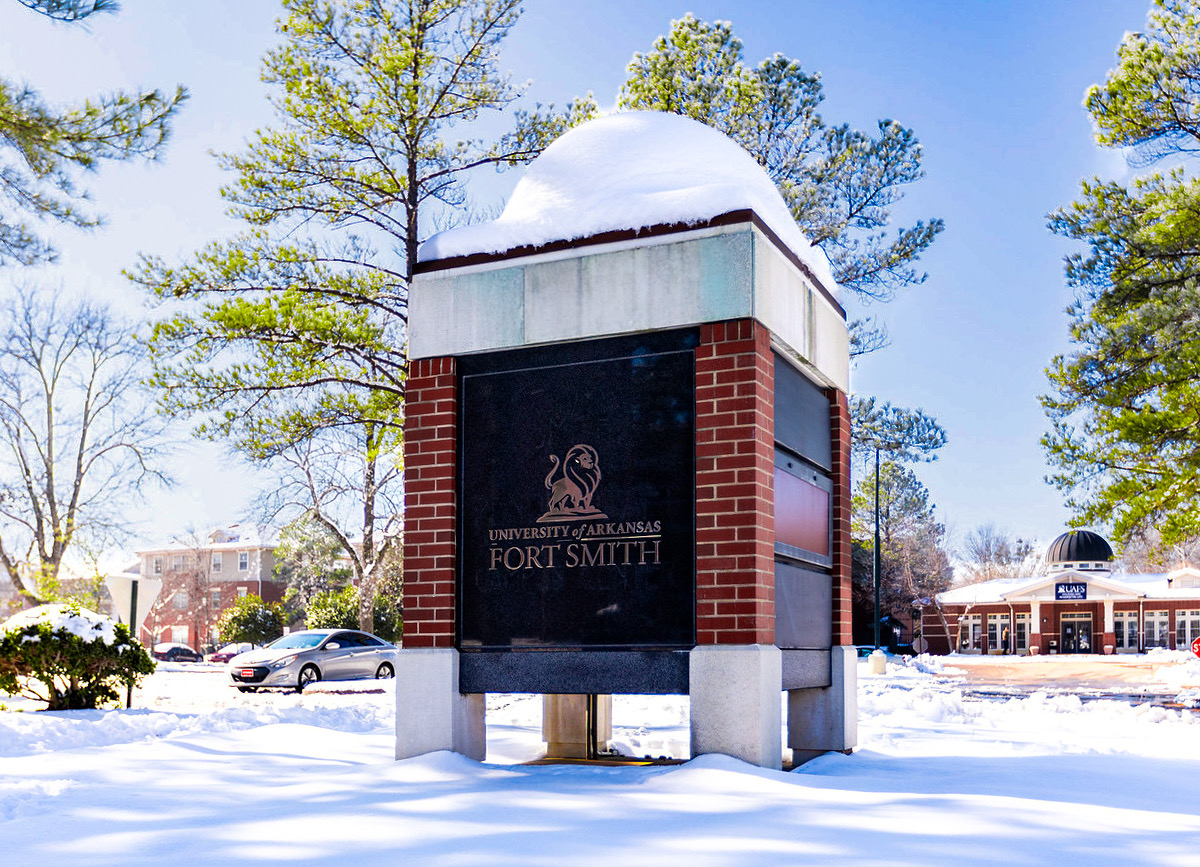 UAFS campus sign covered in snow
