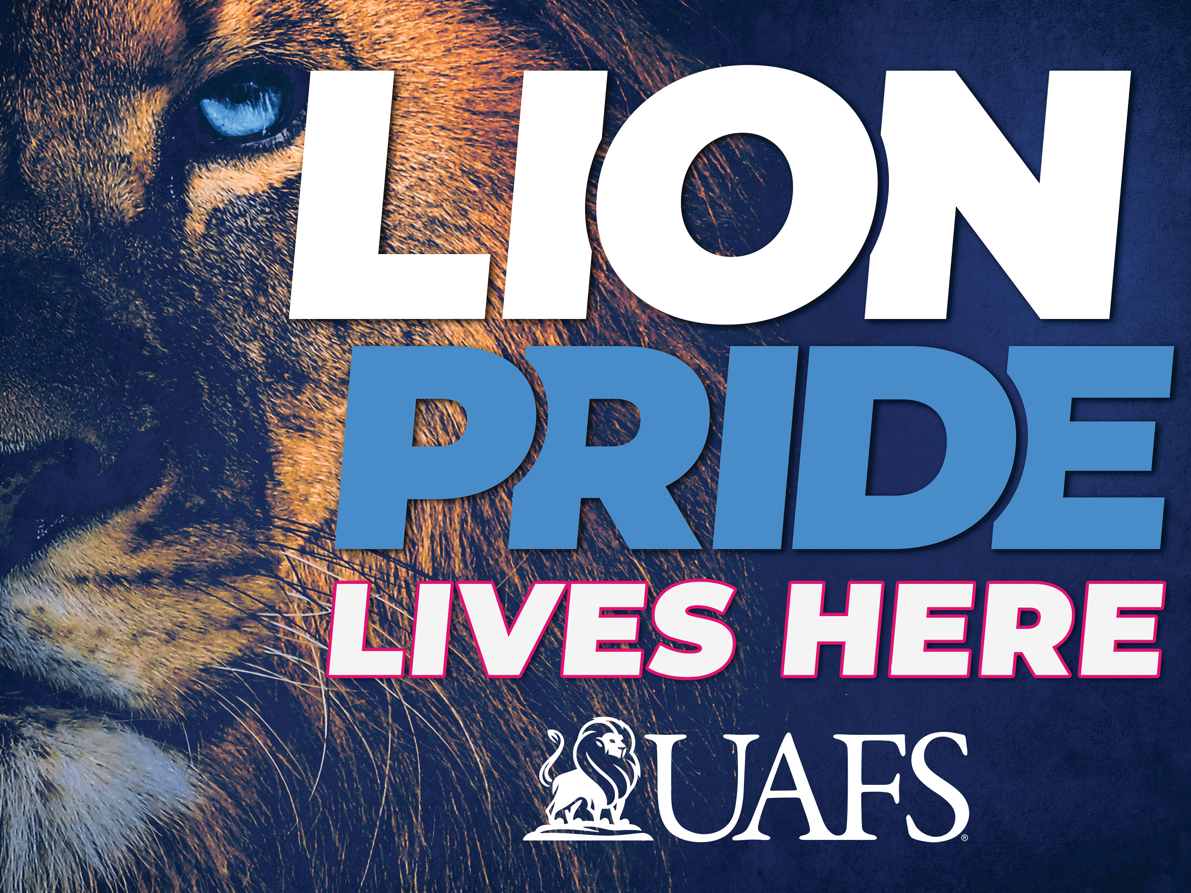 Close-up of a lion's face with the text 'Lion Pride Lives Here' and the UAFS logo on a navy background.