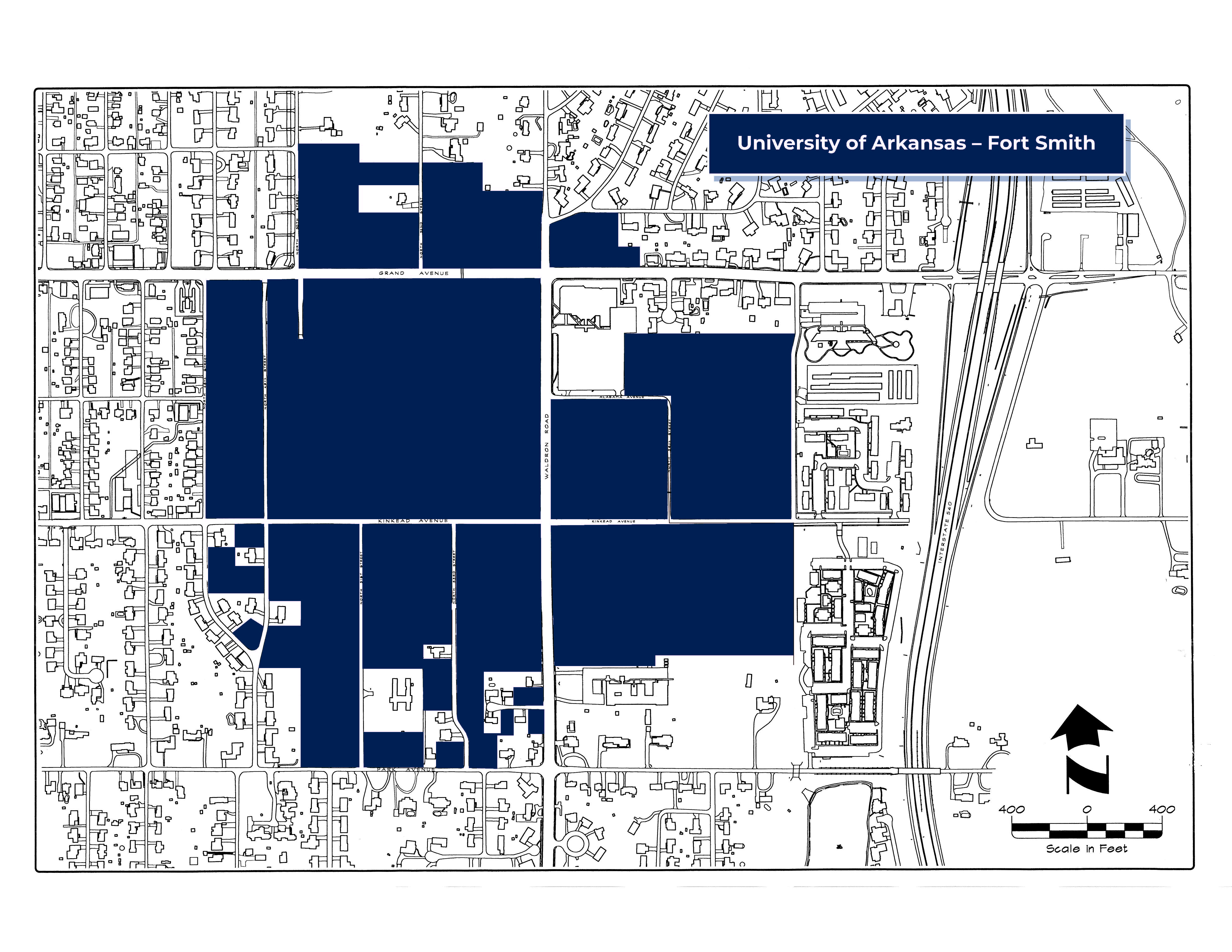 Map of UAFS Clery geography showing campus property, student housing, public areas, and non-campus locations subject to crime reporting.
